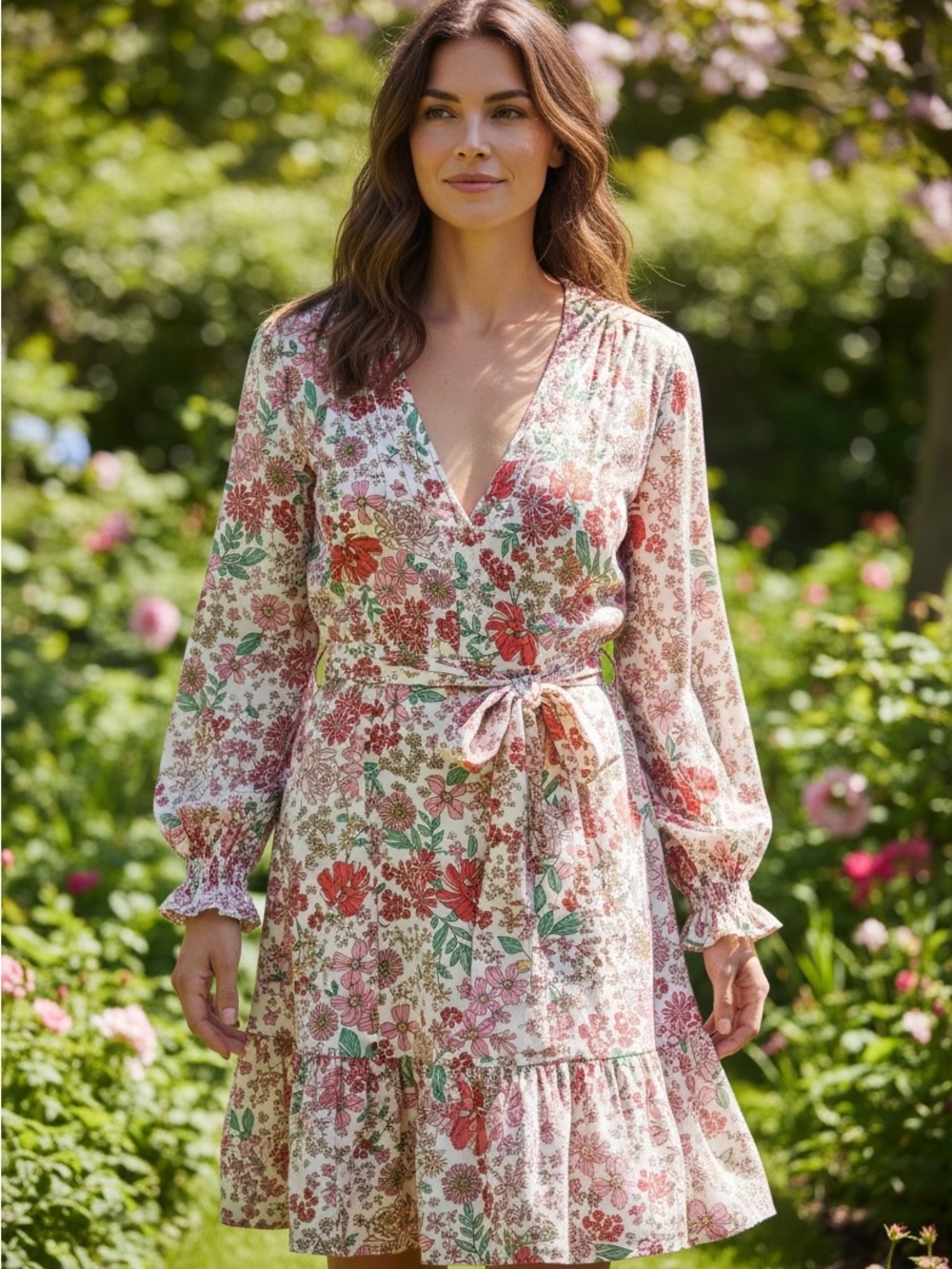 Floral Tie-Waist Midi Sleeve Dress - White with Red & Pink Flowers